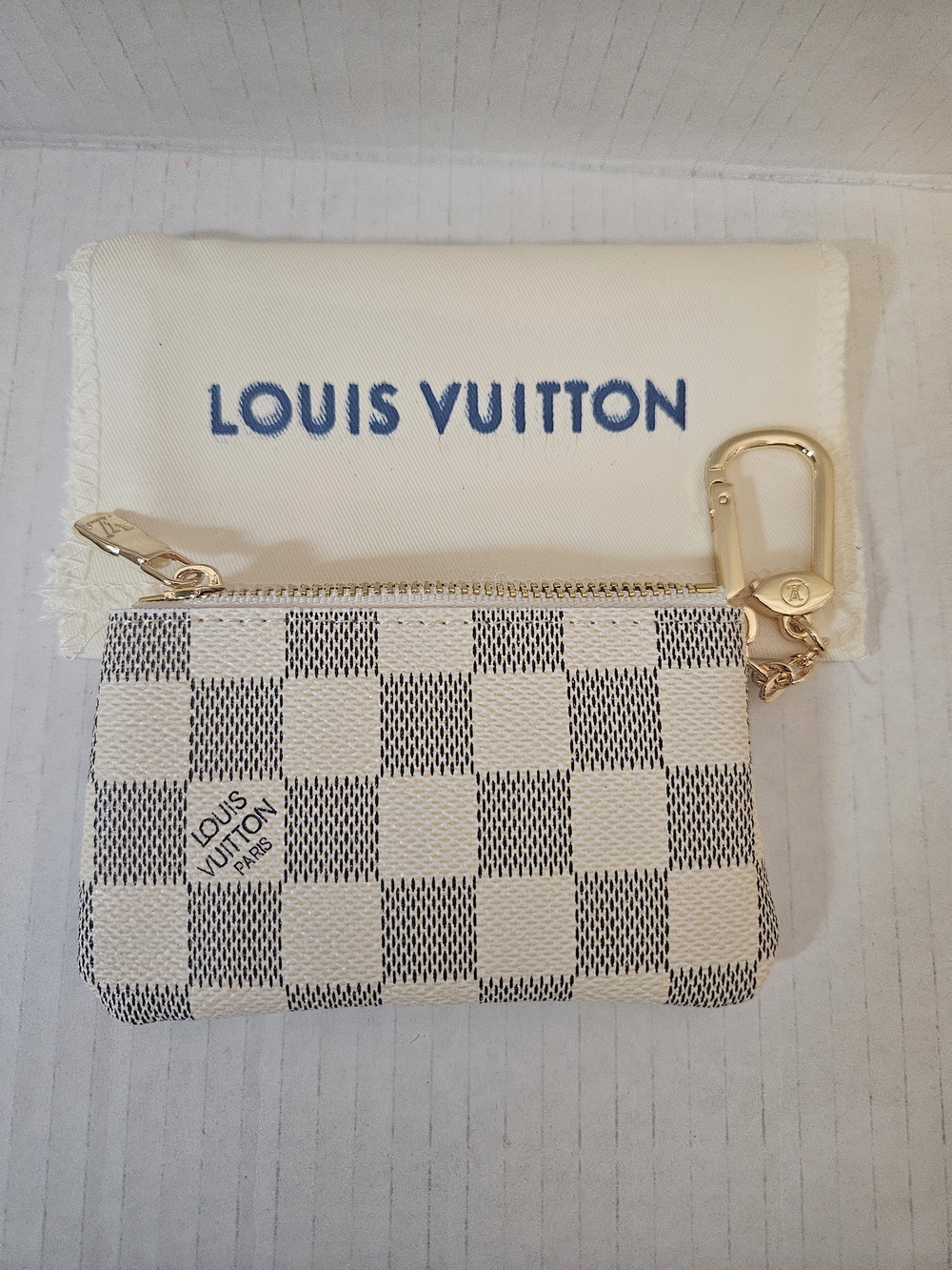 Cream Damier Azur Key Pouch with Gold Hardware